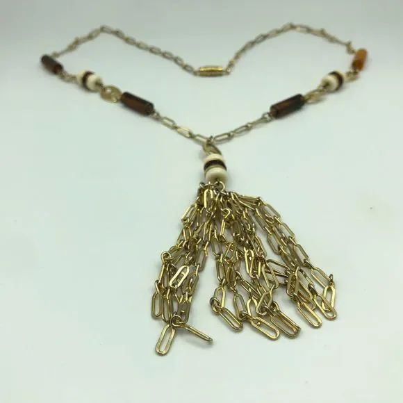 VINTAGE Gold Tone Tassel Beaded Pendant Retro Necklace, Disco Party Studio 54 - Picture 5 of 16